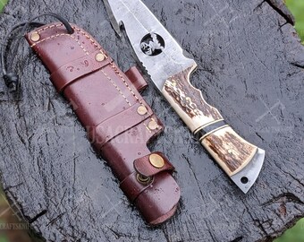 Handmade Antler Handled Knife With Leather Sheath Deer Antler gift for father-gift for son-gift for love-Bowie Knife-GroomsmenGift