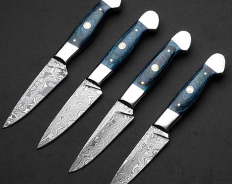 Damaszener Stahl Steakmesser Set 4 Stück, BBQ Steakmesser, Outdoor Steakmesser, Kochmesser Küchenset