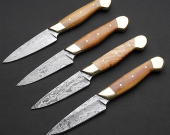 Juego de 4 cuchillos para carne de acero de Damasco, cuchillos para barbacoa, cuchillos para carne al aire libre, juego de cuchillos de chef, cuchillos de mesa