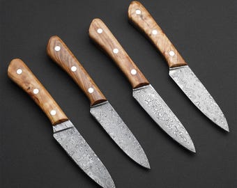 Juego de 4 cuchillos para carne de acero de Damasco, cuchillos para barbacoa, cuchillos para carne al aire libre, juego de cuchillos de chef, cuchillos de mesa