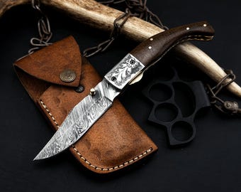 Handmade Damascus Pocket Knife Folding Knife RoseWood Handle USA Groomsmen Gift Personalized Gift Anniversary Gift for Him