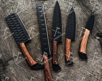 Handgefertigtes Kochmesser Set aus Kohlenstoffstahl: Palisandergriff, Küchenmesser