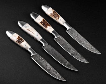 Juego de 4 cuchillos para carne de acero de Damasco con asta de ciervo, cuchillos para barbacoa, juego de cuchillos de chef, cuchillos de mesa