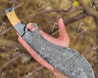 Cuchillo Kukri de Damasco forjado a mano / Mango de madera de olivo, funda de cuero