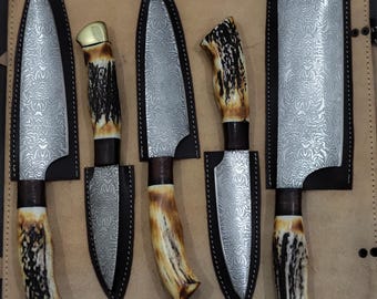Handgemaakte hertengewei handvat Damascus ets roestvrijstalen koksmessenset
