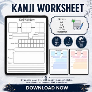 May include: A digital Kanji Worksheet template with fillable fields for Mean, Read, Strokes, and more. Includes size options, PDF file, and colour choices of black, blue, grey, and pink. The text "DOWNLOAD NOW" is at the bottom.