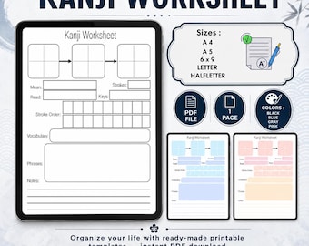 Può includere: Un modello digitale di foglio di lavoro Kanji con campi compilabili per Mean, Read, Strokes e altro. Include opzioni di dimensioni, file PDF e scelte di colore nero, blu, grigio e rosa. Il testo "DOWNLOAD NOW" è in basso.