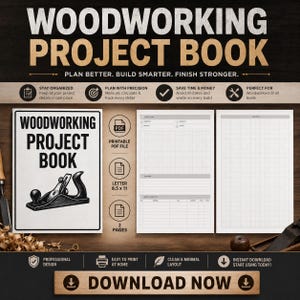 Op de afbeelding: Een projectboek voor houtbewerking met de titel "Woodworking Project Book". Het bevat een tekening van een schaaf. Het boek is een afdrukbaar PDF-bestand, letterformaat 21,59 x 27,94 cm.
