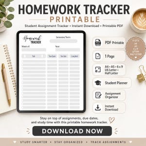 Könnte beinhalten: Ein druckbarer Hausaufgaben-Tracker mit der Aufschrift "Homework Tracker Printable". Es ist ein Student Assignment Tracker, der sofort als druckbares PDF heruntergeladen werden kann. Das Design umfasst Abschnitte für Aufgaben, Zeitaufwand, Fälligkeitstermine und den Abschlussstatus. Mit einer "Download Now"-Schaltfläche.