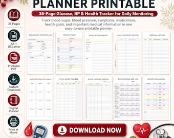 Blood Sugar Planner Printable | Diabetes Log Book | Glucose Tracker, Health Planner PDF | A4 & US Letter