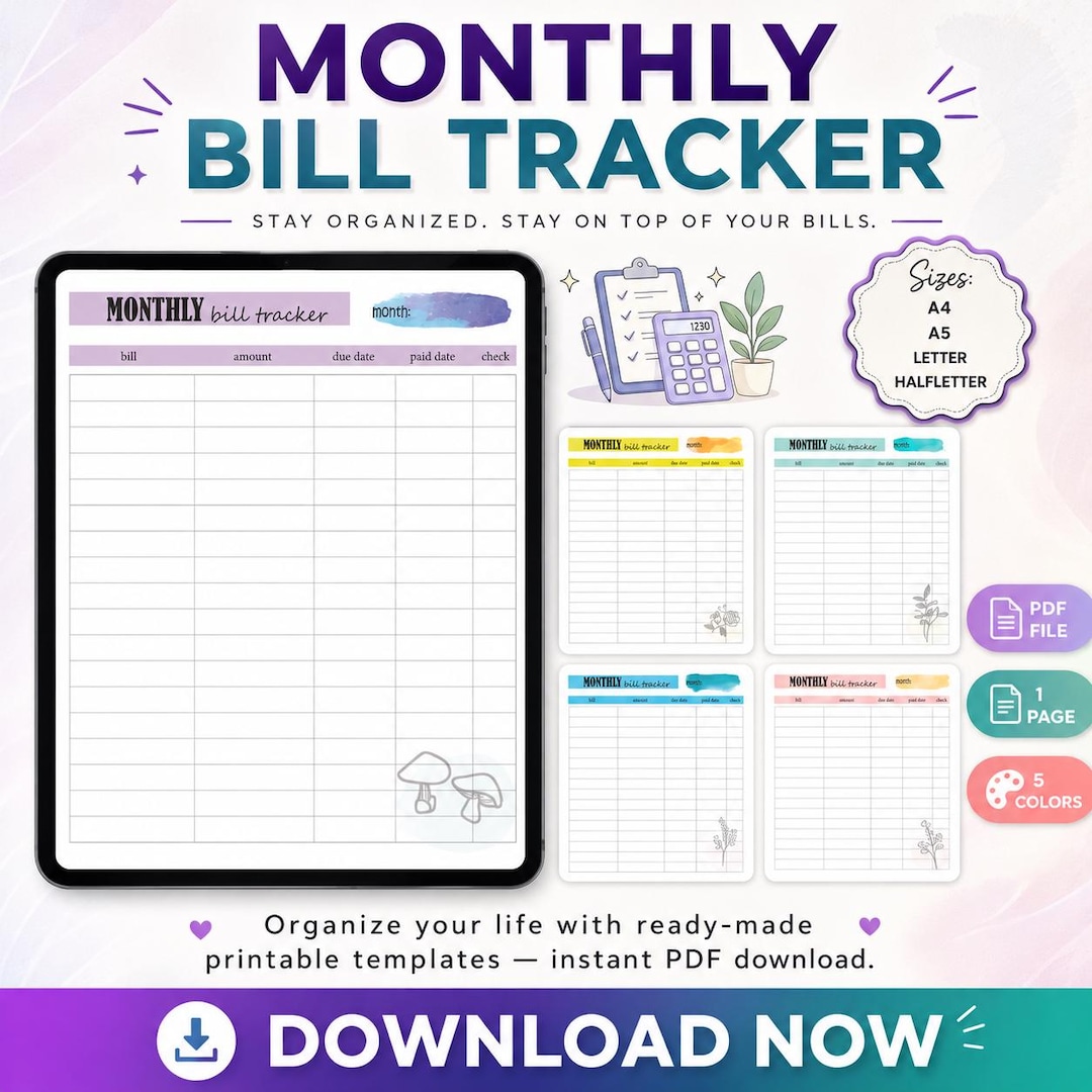 Printable Monthly Bill Tracker | Budget Planner (PDF) - Etsy