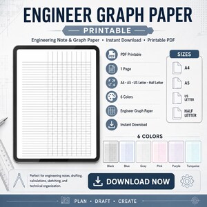 May include: A digital download graphic featuring "ENGINEER GRAPH PAPER" with options for instant download. Includes PDF printable formats, various sizes (A4, A5, US Letter, Half Letter), and 6 color options. The design is suitable for engineering notes and technical organization.