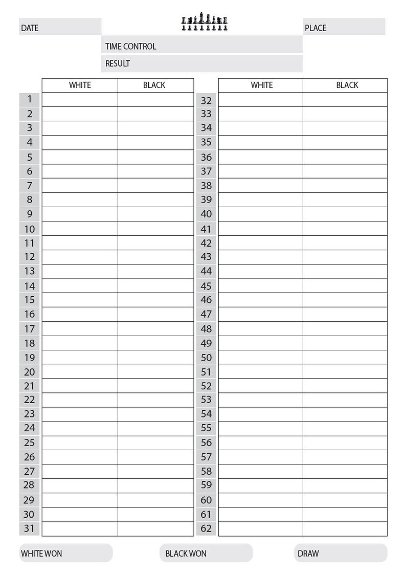 Chess Score Sheet | Tournament Game Record (A4, A5, Half Letter ...