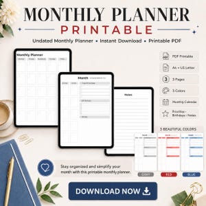 May include: A digital printable monthly planner with a minimalist design. The planner includes sections for notes, priorities, and birthdays. Available in gray, red, and blue. The text reads "MONTHLY PLANNER PRINTABLE" and "DOWNLOAD NOW".