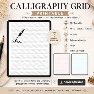 Peut inclure: Une grille de calligraphie numérique imprimable avec le texte "CALLIGRAPHY GRID PRINTABLE". L'image montre une tablette avec une grille, un stylo et des détails supplémentaires comme les tailles, les couleurs et les options de téléchargement instantané. Le texte "DOWNLOAD NOW" est également visible.