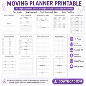 May include: A printable moving planner with a purple header that reads "MOVING PLANNER PRINTABLE." The planner includes sections for relocation info, checklists, expenses, and more. It is a 47-page digital planner available for instant download.