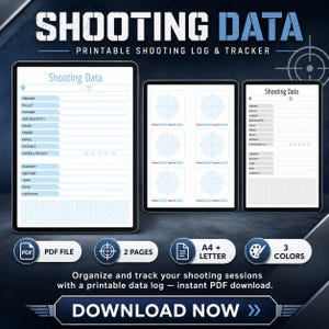 Puede incluir: Registro y seguimiento de disparos imprimible con el texto "SHOOTING DATA". El diseño incluye tres tabletas digitales que muestran formularios de datos de disparo y gráficos de práctica de tiro. El archivo PDF está disponible en 3 colores y 2 páginas.