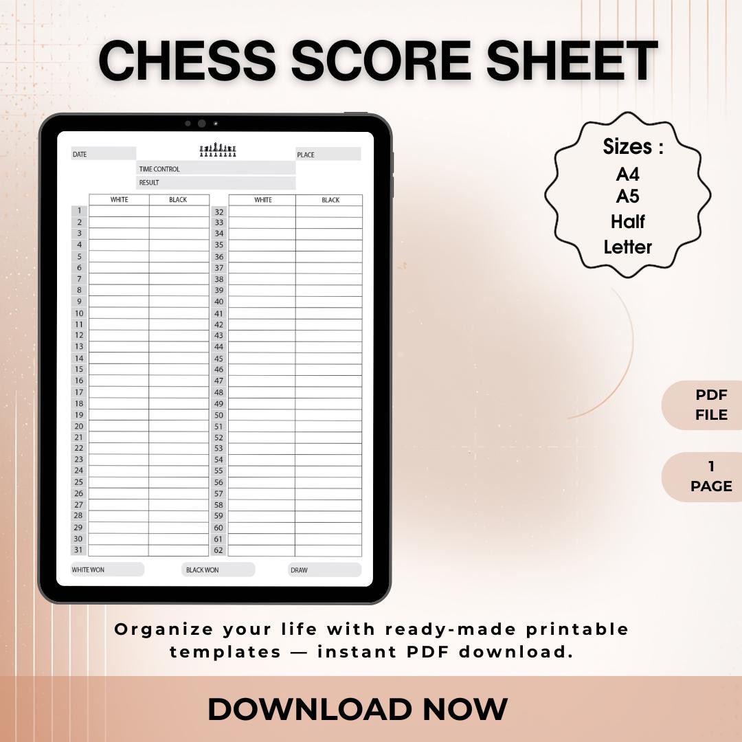 Chess Score Sheet | Tournament Game Record (A4, A5, Half Letter ...
