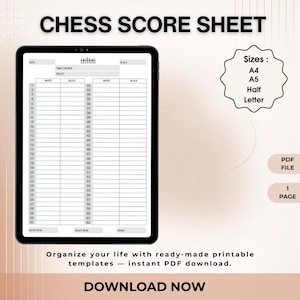 Puede incluir: Una plantilla digital de hoja de puntuación de ajedrez que se muestra en una tableta. La hoja incluye secciones para la fecha, el control del tiempo y los resultados, con espacios para las puntuaciones de los jugadores blancos y negros. También incluye el texto "CHESS SCORE SHEET" y "DOWNLOAD NOW".