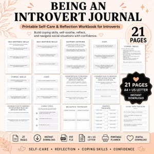 Peut inclure: Un journal de développement personnel imprimable pour les introvertis, avec 21 pages. Il comprend des sections sur les compétences d'apaisement, les stratégies d'adaptation et des exercices de réflexion. Le design est dans une palette de couleurs douces avec le texte "Being an Introvert Journal".