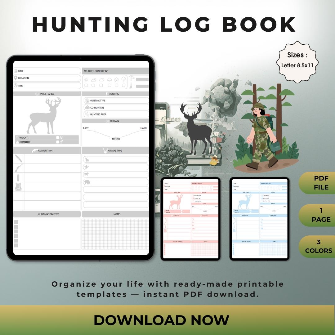 Hunting Guide Tracker Example Hunting Log Book Printable | Deer Tracker Sheet, Hunter Journal (letter ...
