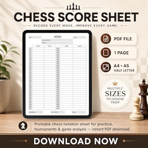 Chess Score Sheet | Tournament Game Record (A4, A5, Half Letter) (Digital Download)
