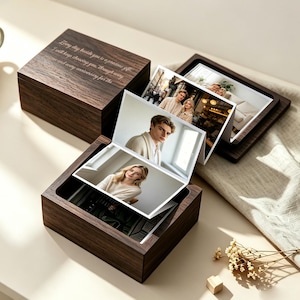 Caja de fotos de madera personalizada, regalo de aniversario para ella, álbum de fotos extraíble, marco de fotos personalizado para colección de recuerdos, regalo para él