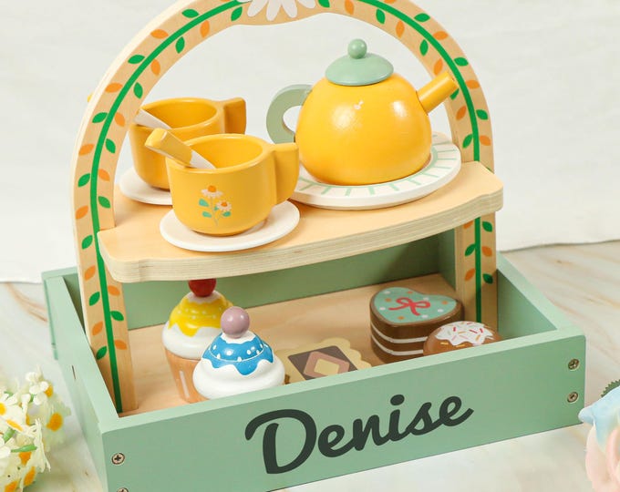 Pretend Tea Party set with Desert Tray Personalized Wooden Tea Party Play Set Custom name tea set toy for Toddlers Birthday Gift for Girls