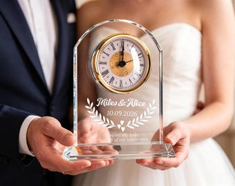 Reloj de boda personalizado con placa de cristal, regalo de aniversario personalizado con nombre, fecha y votos personalizados grabados, regalos para amigos recién casados.