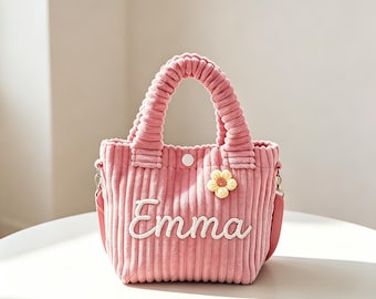 Bolso bandolera de pana personalizado para niños con un bonito dije y nombre personalizado, letras de hilo hechas a mano, regalo de cumpleaños para guardería preescolar.