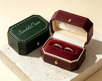 Caja octogonal personalizada para anillos, estilo cuero vintage, estuche para dos anillos de boda, nombres de pareja personalizados, regalo de recuerdo de compromiso