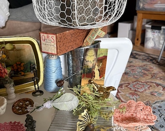 Vintage Lot: Grater, Wire Basket, QRS Piano Roll, Mini Books, Brass Butterfly, metal trays, etc … perfect for vingettes