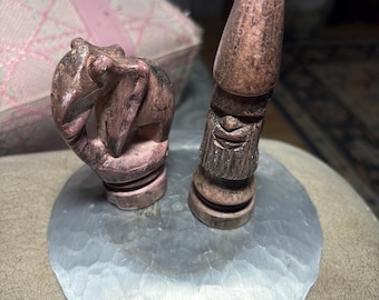 Hand carved elephant and gnome in pine soap stone