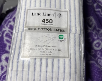 Lane Linen king pillowcases featuring a blue ticking stripe pattern