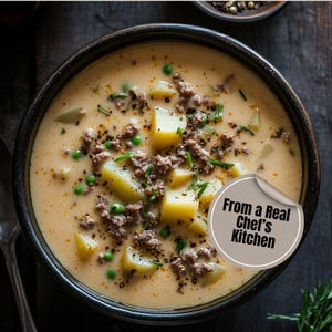 Romige aardappelhamburgersoep Recept afdrukbare pdf-download Gezellig herfst/winter comfortfood Digitaal recept Eenvoudig doordeweekse dinersoep Instant pdf