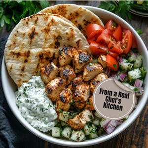 Ricetta facile per le migliori ciotole di souvlaki di pollo alla greca, PDF stampabile, ricetta digitale, idea per cena o pranzo, pasto classico greco da scaricare all'istante.