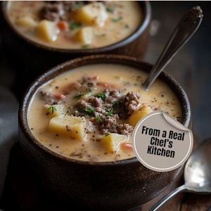 Makkelijke romige aardappel- en hamburgersoep Recept afdrukbare pdf-download Best Comfort Food Dinner Digitale Instant Download Gezellige herfst-wintermaaltijd