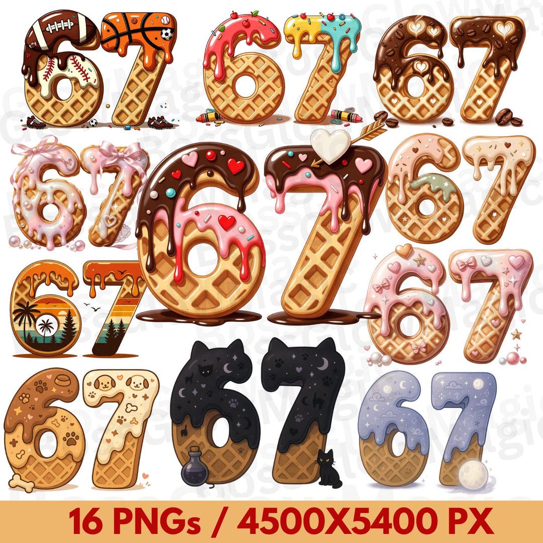 67 Trend Png Bundle, Sweet Waffle Number PNG Collection, Dripping ...