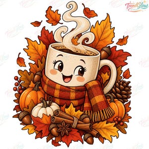 May include: A cream-colored ceramic mug with a smiling face, wrapped in a red and orange plaid scarf, surrounded by autumn elements including orange and white pumpkins, brown acorns, pinecones, cinnamon sticks, and vibrant fall leaves.