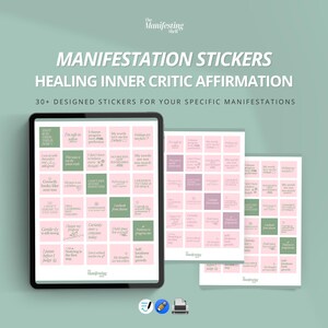 May include: An image of a digital tablet and two sheets of stickers. The stickers, in pink, green, and white, feature affirmations such as "I deserve to take up space" and "Growth looks like rest too." The text "Manifestation Stickers" is at the top.