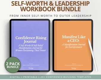 Könnte beinhalten: Ein digitales Workbook-Bundle mit zwei Journalen: "Confidence Rising Journal" und "Manifest Like a CEO". Die Journale werden auf Tablets mit lila und orangefarbenen Covern angezeigt. Das Bundle soll bei Selbstwertgefühl und Führung helfen.