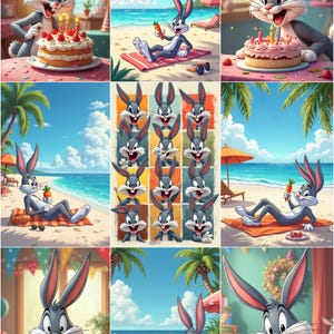 May include: A collage of images featuring the cartoon character Bugs Bunny in various scenes. He is shown on a beach, eating a carrot, and celebrating with a cake. The images have a bright, colorful, and cartoonish style.