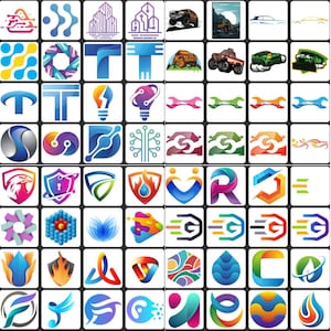 Puede incluir: Una cuadrícula de diseños de logotipos coloridos, cada uno dentro de un marco cuadrado. Los logotipos presentan varias formas abstractas, iconos y texto, incluyendo siluetas de coches, llaves inglesas y letras estilizadas. La paleta de colores es diversa, con degradados y tonos sólidos.