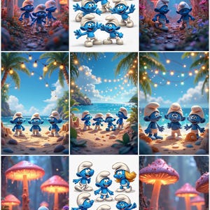 Könnte beinhalten: Eine Collage von Bildern mit den Schlümpfen in verschiedenen Umgebungen. Die Schlümpfe, kleine blaue Kreaturen mit weißen Mützen, werden in einem Wald mit großen Pilzen, an einem Strand und in einer Gruppe dargestellt. Die Bilder haben einen lebendigen, cartoonartigen Stil.