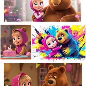 以下が含まれることがあります： 誕生日を祝う漫画の女の子と茶色のクマの画像コラージュ。女の子はピンクのフード付きの服とパーティーハットを着ています。クマもパーティーハットをかぶっています。誕生日ケーキと風船も存在します。