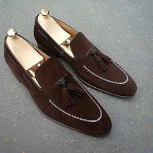 Men Handmade Brown suede Tassel moccasins shoe, men&#39;s dress and casual wear shoe, men&#39;s dress up formal shoe.