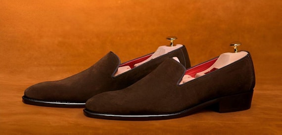 Handmade Brown Suede Loafers: Men's Formal Leather Shoes with Red Sole