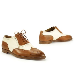 New Men&#39;s Handmade Two tone Cream and Brown Oxford Leather shoes, men&#39;s dress up formal shoe, men&#39;s classic dress shoes. Business shoe.