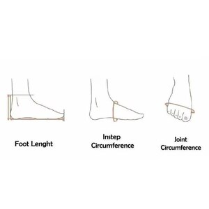 Pu&ograve; includere: Diagramma che illustra come misurare la lunghezza del piede, la circonferenza del collo del piede e la circonferenza dell'articolazione. L'immagine mostra disegni a tratto di piedi con linee di misurazione ed etichette di testo.