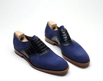 Men Handmade Blue Oxford Derby Leather Shoes,Men's dress up formal shoes.